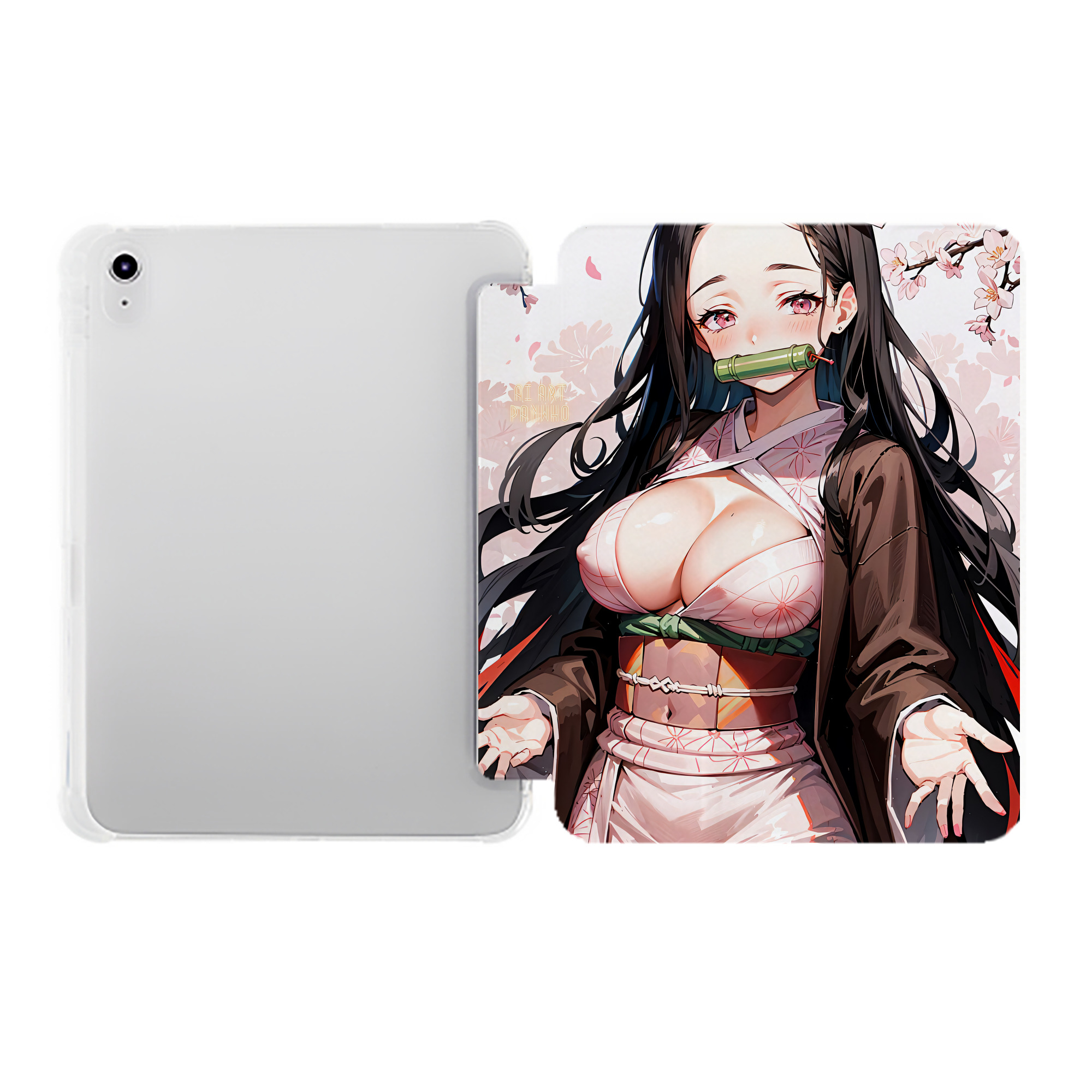 （画像用） 鬼滅の刃（きめつのやいば）竈門 禰󠄀豆子／かまど ねずこ Kamado Nezuko IPad ケース ペン収納付き 三つ折りスタンド PUレザー×シリコン 対応機種9.5/10.5/10.9インチ